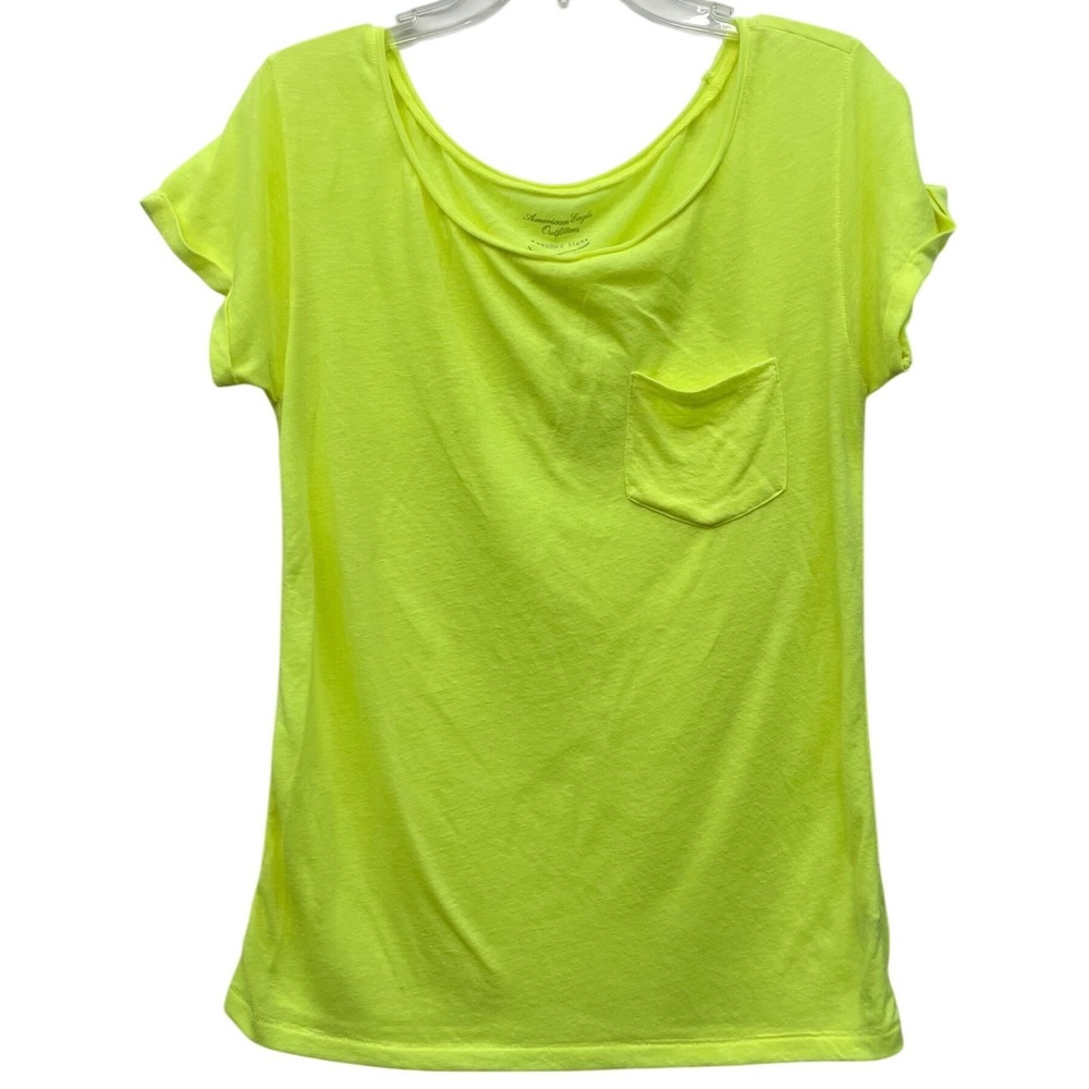 American Eagle Womens Soft Light Tee Shirt Size M Neon Green Pocket Short Sleeve